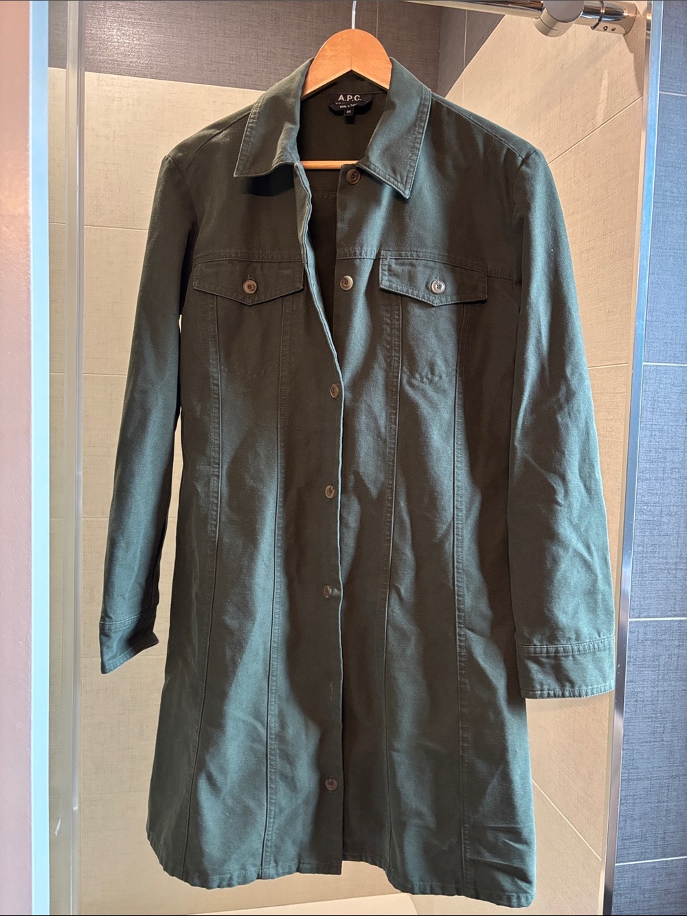 A.P.C. Olive Green Button-Front Cotton Utility Dress